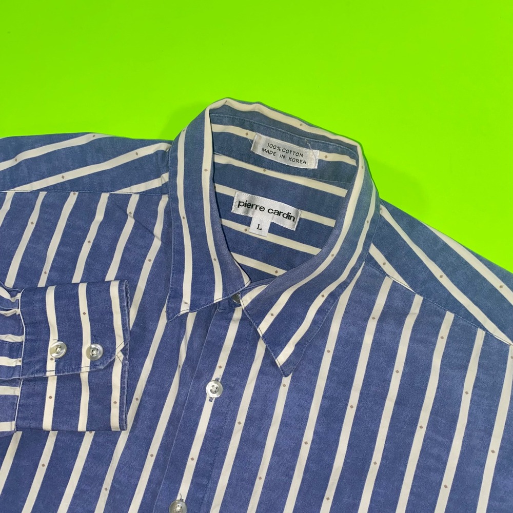 Pierre Cardin Mens Large Blue White Striped Cotton Button Down Shirt Long Sleeve